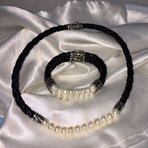 HONORA NECKLACE & BRACELET PEARL, LEATHER, SS SET